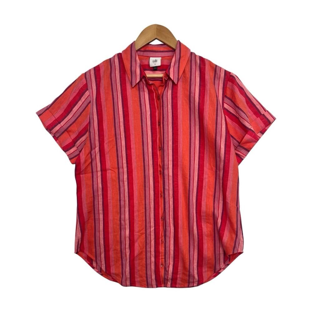 Cabi Top Womens Small Red Orange Linen Striped Button Up Summer Beach Coastal